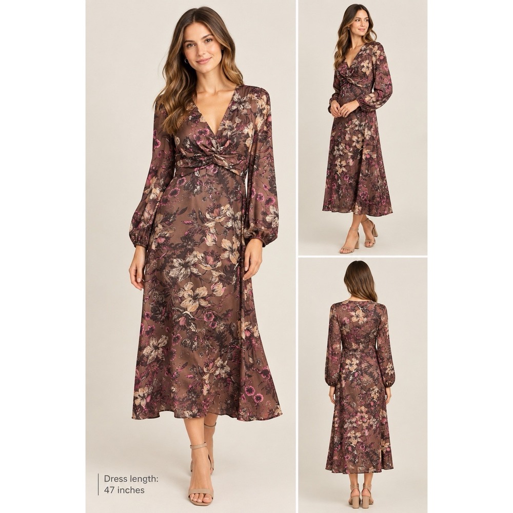 Love Wednesday L Floral Satin Twist Front V-Neck Balloon Sleeve Midi Dress